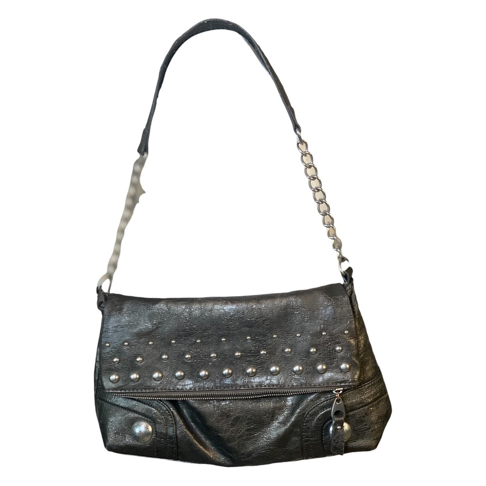 Nicole Metallic Pewter Studded Shoulder Bag Faux Leather Chain Strap Y2K Edgy